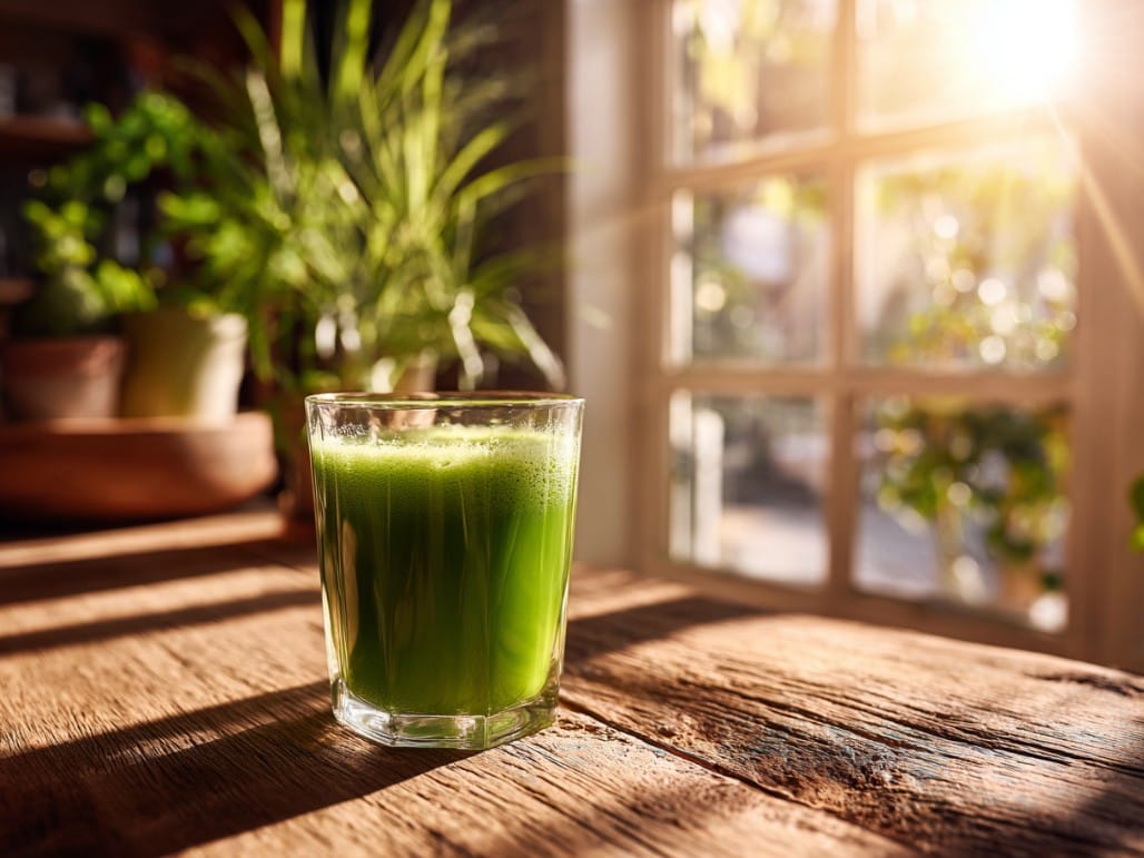 green smoothie in the sun on a kitchen table 