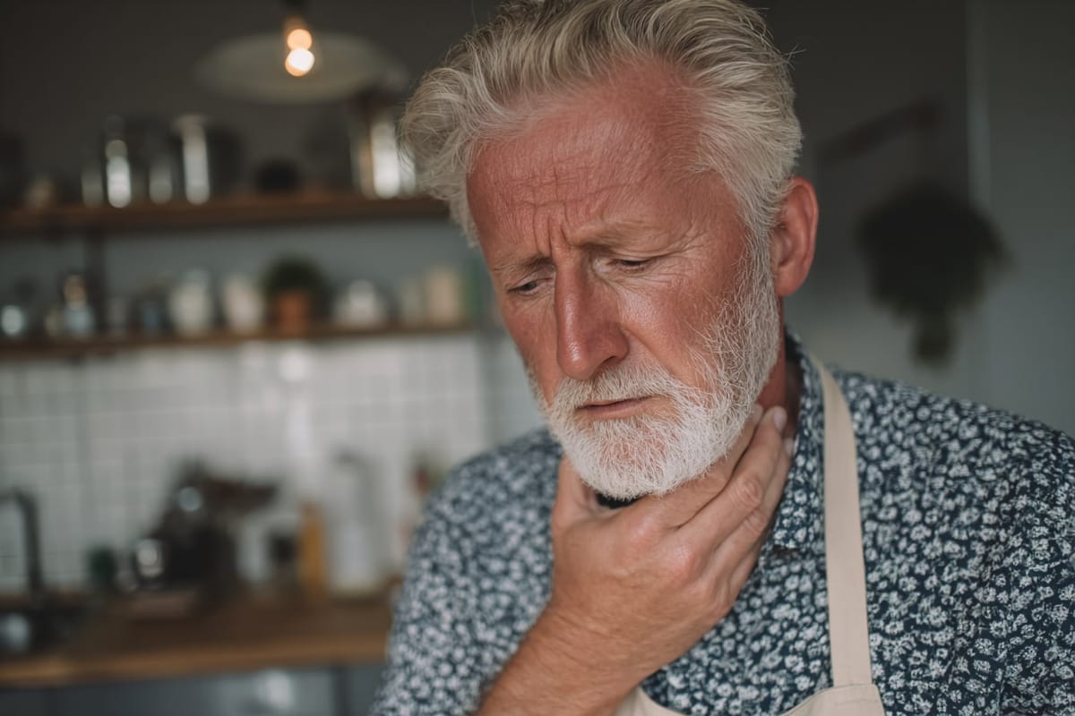 an old man having difficulty swolowing 