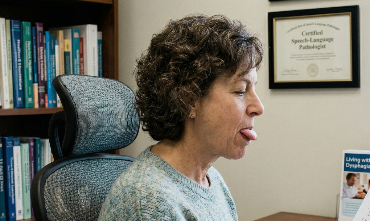 speech language therapist performing masako maneuver