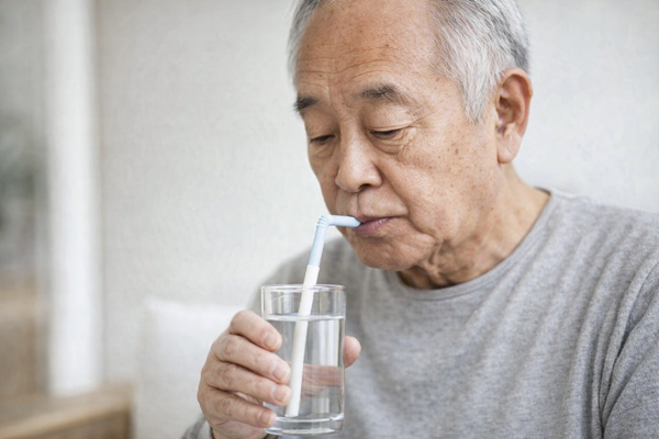 old asian man drinking from a flow regulating straw