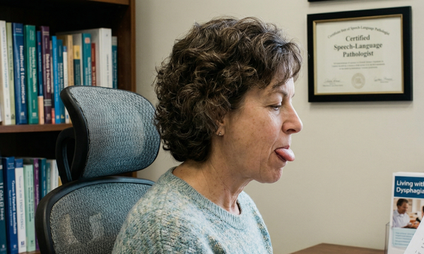 speech language therapist performing masako maneuver